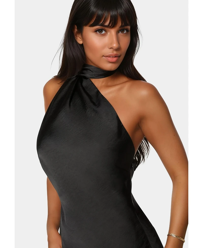 Bebe Women's Sash Neck One Shoulder Satin Midi Dress