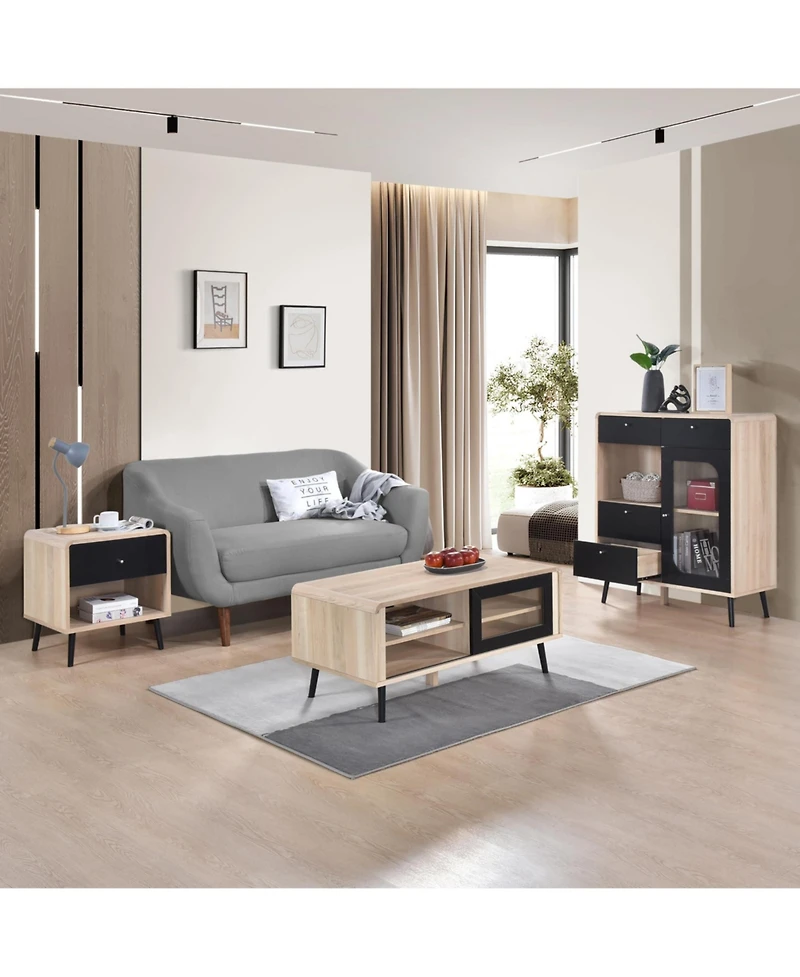 Kings Brand Furniture Nathan Sideboard Storage Cabinet with Drawers Open and Close Shelves, Oak/Black