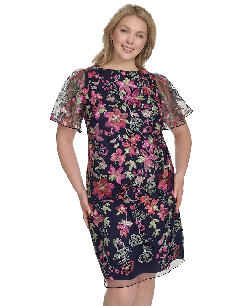Jessica Howard Plus Size Floral Embroidered Flutter-Sleeve Dress