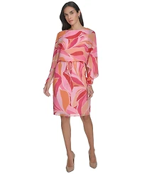 Jessica Howard Women's Printed Chiffon 3/4-Sleeve Blouson Dress