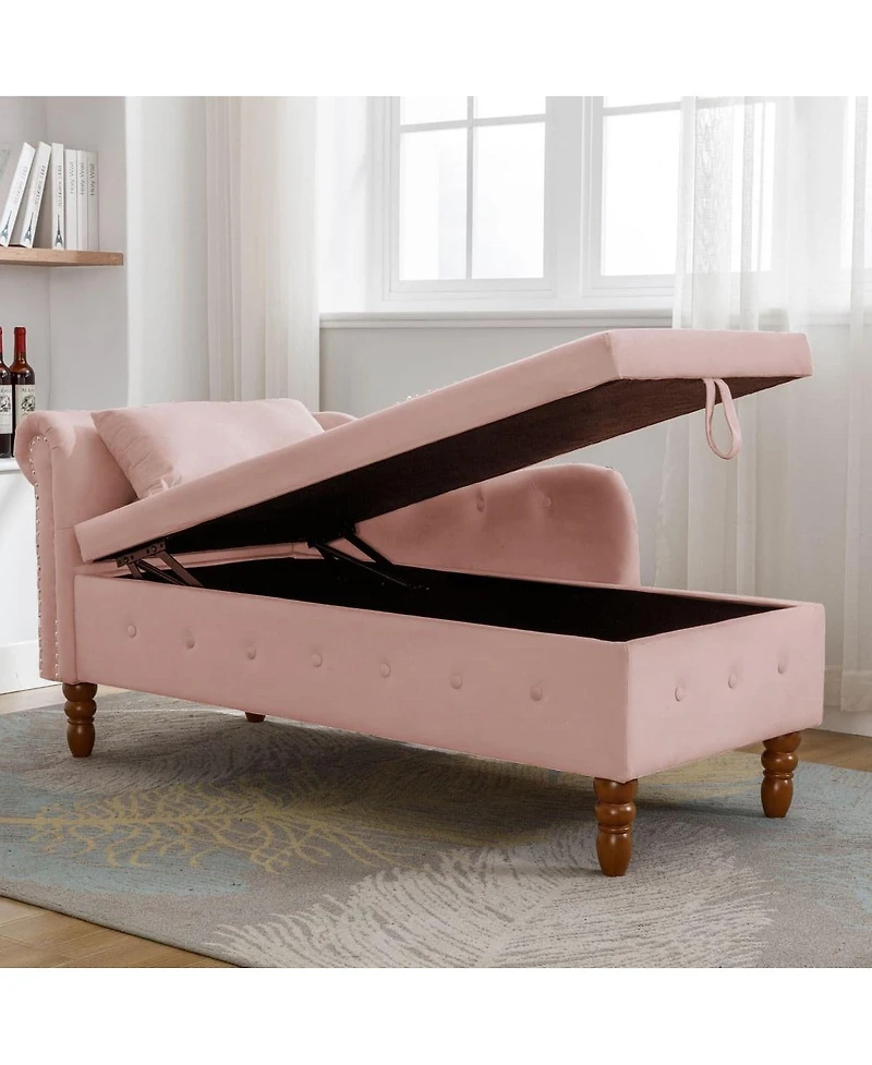 Velvet Upholstered Chaise Lounge with Storage and Pillow, Tufted Rolled Arm Chair Nailhead Trim for Living Room or Bedroom-The Pop Home