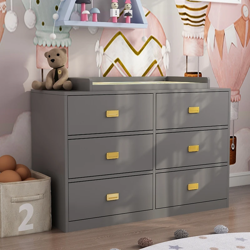 Changing table with six drawers, baby changing station with changing table top and drawers