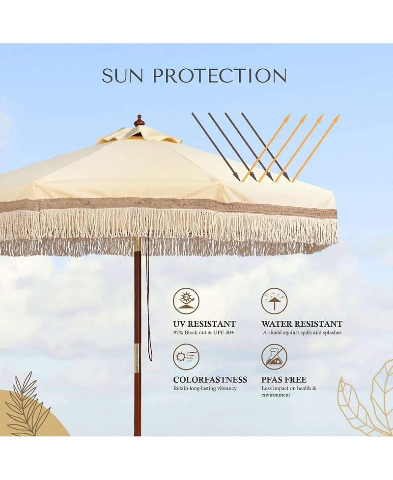 LAGarden Boho 7' Fringe Patio Umbrella with Tassels UPF50+ Boho Style 5-Year-Non-Fading for Outdoor Yard Butter Twisted Root