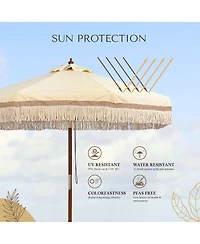 LAGarden Boho 7' Fringe Patio Umbrella with Tassels UPF50+ Boho Style 5-Year-Non-Fading for Outdoor Yard Butter Twisted Root