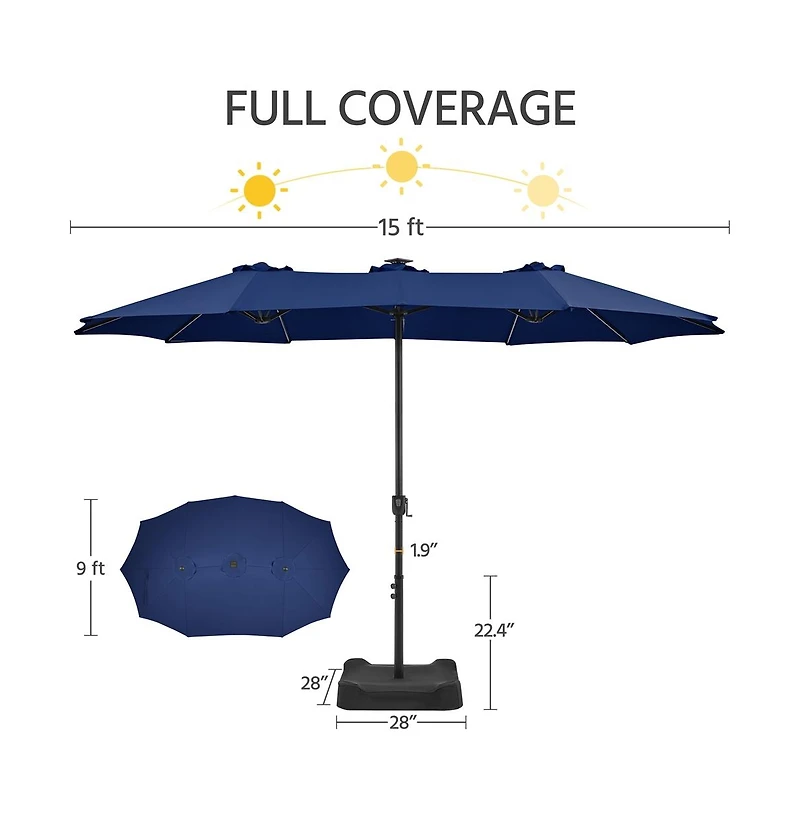 Yaheetech 15 ft Patio Parasol with Multi-Mode Led Lights Strips and Base Stand, Tan