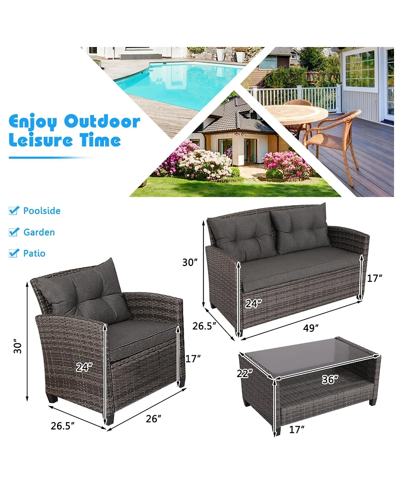 Gymax 8PCS Rattan Patio Conversation Set Cushioned Outdoor Furniture Set