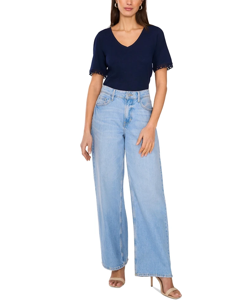 Vince Camuto Women's Cotton V-Neck Crochet-Trim Top