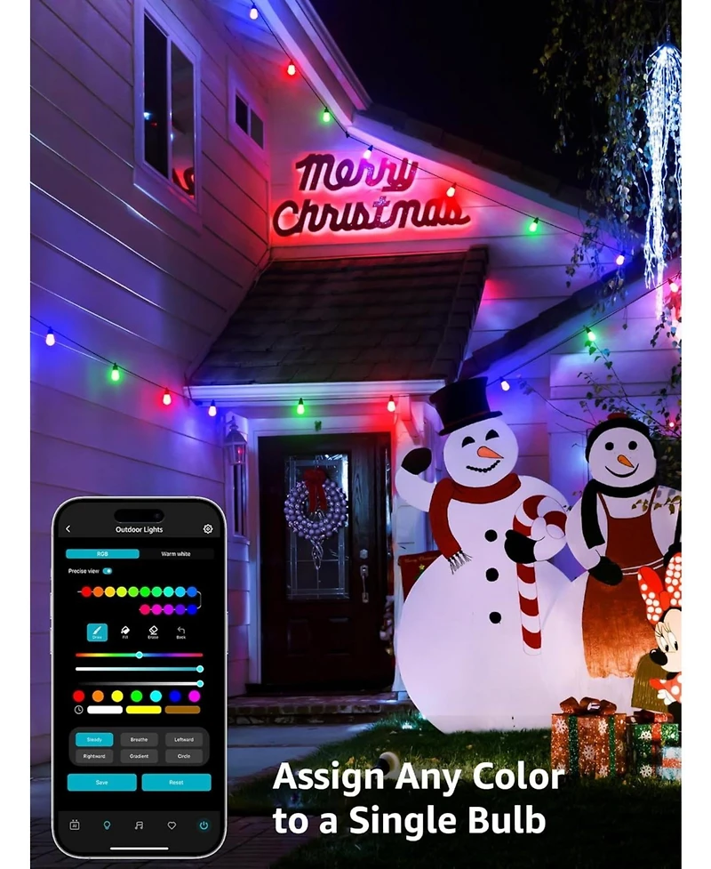 Lepro ZB1 Ai Smart Outdoor String Lights App Control, 54(42+12) ft Rgb+Ic+Warm White Outdoor Lights 15 Led Bulbs, Alexa Google Enabled, No Remote