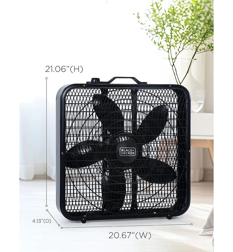 Black+Decker 20” Box Fan with 3 Speed Settings, Powerful 80W Motor, 5-Blade Box Fan with Carry Handle, Black
