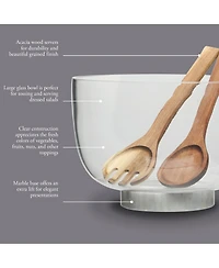 Gibson Home Wildgreens Large Glass Salad Bowl Set with Marble Base and Acacia Serving Utensils