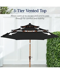 Best Choice Products Woodgrain Pattern 10ft 3-Tier Solar Patio Umbrella w/ 24 Led Lights