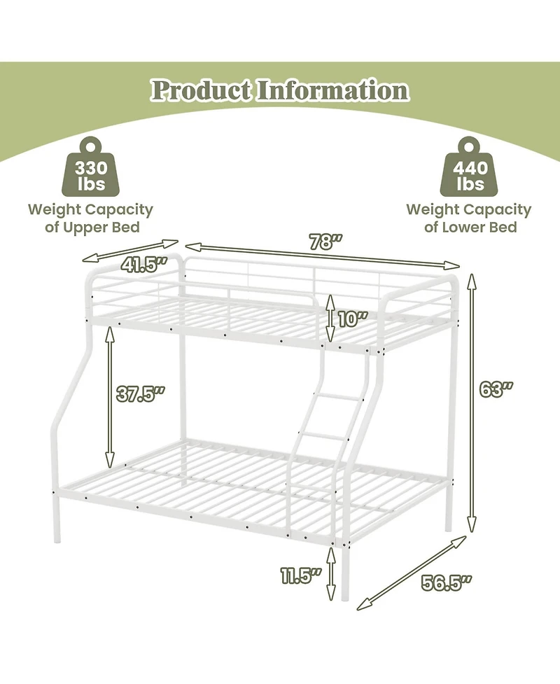 Twin over Full Metal Bunk Bed with Inclined Ladder Safety Guardrail, Slat Support