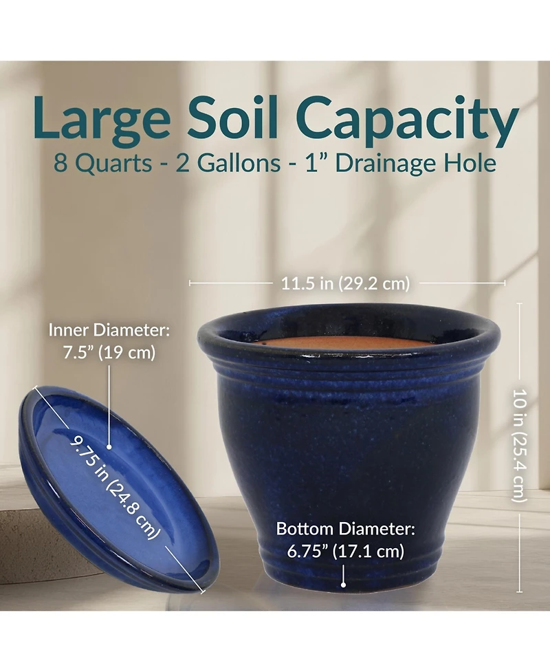 Studio Uv- and Frost-Resistant Ceramic Planters with Drainage Holes and Saucers - 11" Diameter - Imperial Blue - 2-Pack