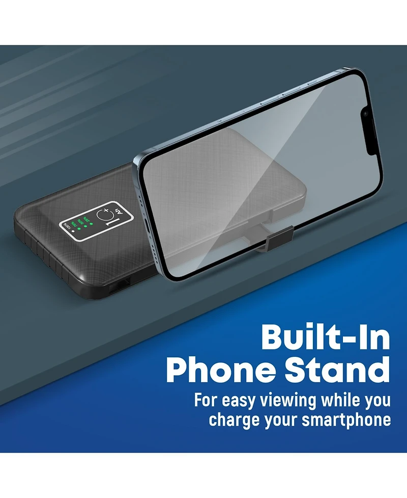 GabbaGoods 10,000mAh Rapid Charging Power Bank with Lcd Battery Display, 4 Built-In Cables, and Phone Stand