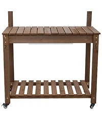 Wooden Wheeled Garden Potting Bench with Dry Sink, Storage Shelves, and Tool Hooks - Brown