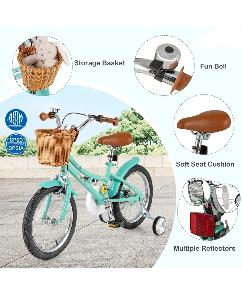 16 Inch Kids Bike Retro Bicycle with Adjustable Height and Basket for Ages 4-8 Years Old