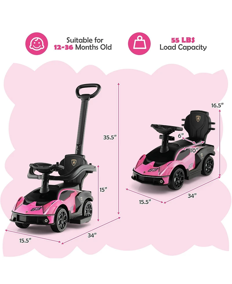 3-in-1 Licensed Lamborghini Ride on Push Car with Handle Guardrail