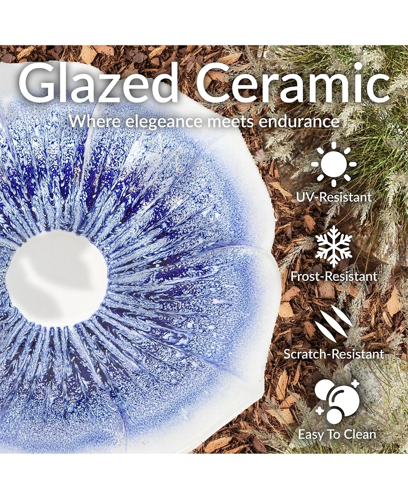 Misty Blossom Ceramic Bird Bath with Glazed Finish - White and Blue - 23" H