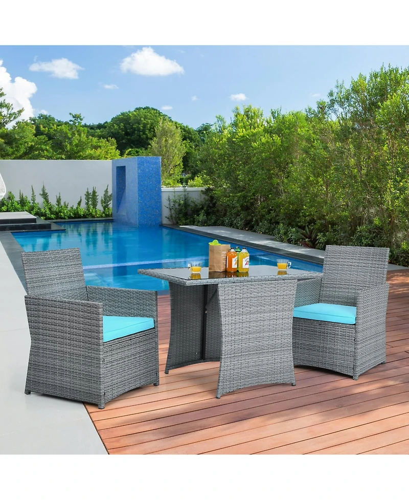 Gymax 3PCS Outdoor Rattan Conversation Set Patio Dining Table Set w/ Turquoise Cushions