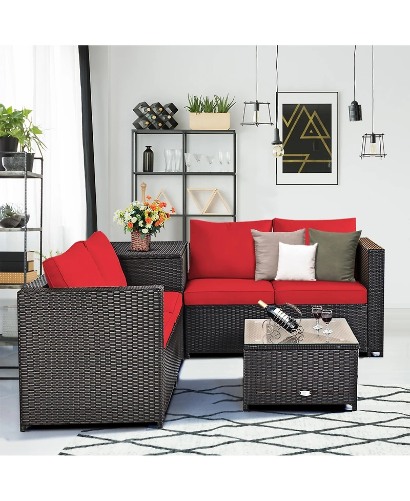 Gymax 8PCS Cushioned Rattan Patio Conversation Set w/ Side Table Red Cushion