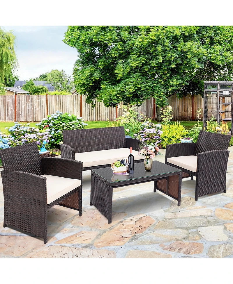 Gymax 8PCS Patio Conversation Set Outdoor Rattan Furniture Set w/ White Cushions