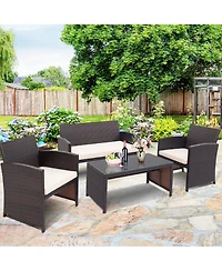 Gymax 8PCS Patio Conversation Set Outdoor Rattan Furniture Set w/ White Cushions