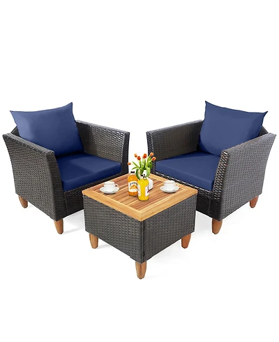 Gymax 3PCS Patio Furniture Set Conversation Bistro Set w/ Acacia Wood & Cushions Navy