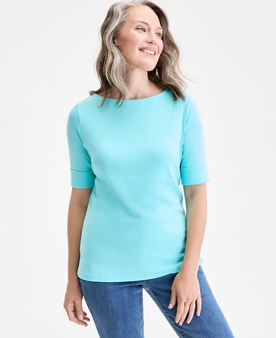 Style & Co Women's Boat-Neck Elbow Sleeve Cotton Top, Exclusively at Macy's