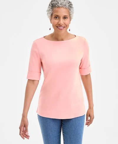 Style & Co Women's Boat-Neck Elbow Sleeve Cotton Top, Exclusively at Macy's