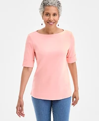 Style & Co Women's Boat-Neck Elbow Sleeve Cotton Top, Exclusively at Macy's