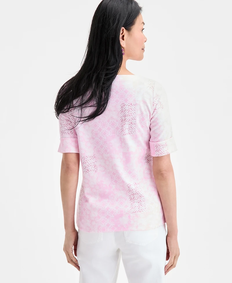 Style & Co Petite Elbow-Sleeve Patchwork Top, Exclusively at Macy's
