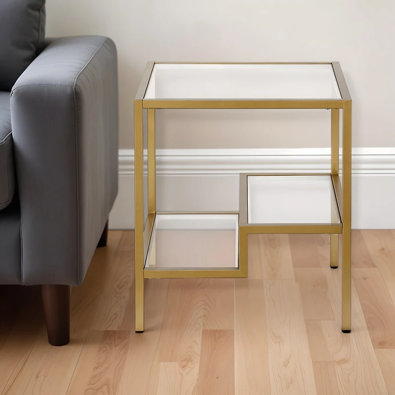 Modern 22" Square End Table – Brass Finish, Clear Glass, and Two Shelves