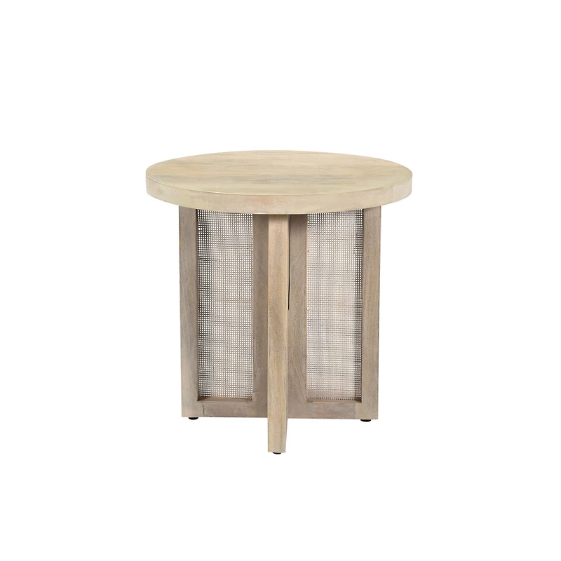 22-Inch Round End Table Natural Solid Wood Top with Rattan Base for Farmhouse Decor