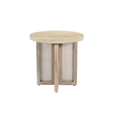 22-Inch Round End Table Natural Solid Wood Top with Rattan Base for Farmhouse Decor