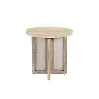 22-Inch Round End Table Natural Solid Wood Top with Rattan Base for Farmhouse Decor