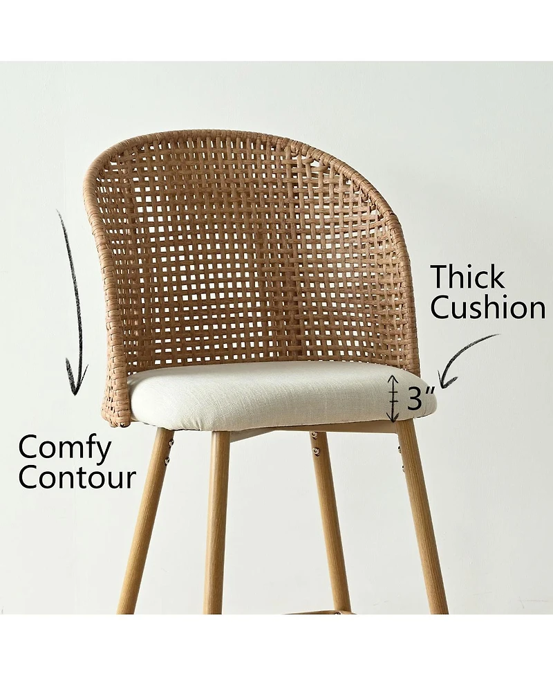 Set of 4 Rattan Back Bar Stools, 29" Beige Upholstered Bar Height Chairs with Woven Cane Back-Maison Boucle