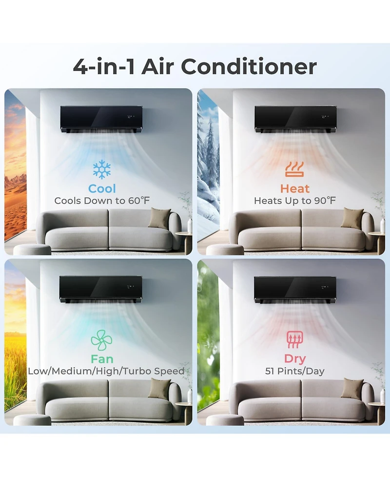 12000 Btu 22 SEER2 208-230V Wifi Enabled Mini Split Air Conditioner and Heater White