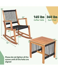 3pcs Patio Acacia Wood Bistro Table Rocking Chair Set All-Weather Rope Outdoor