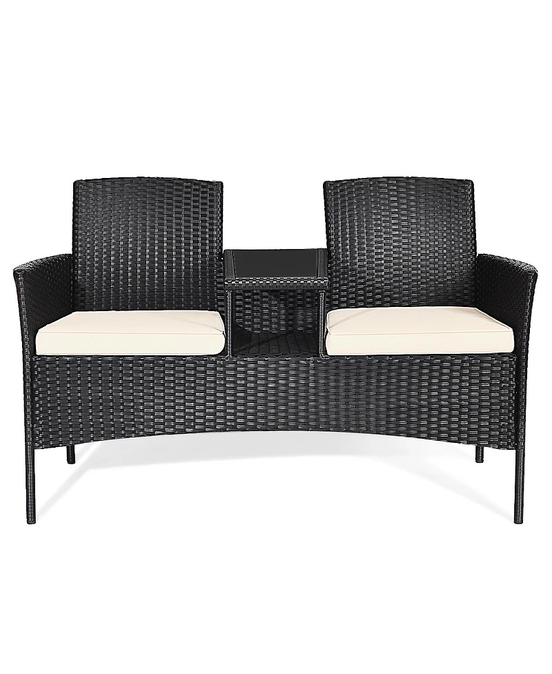 Gymax Cushioned Rattan Wicker Patio Conversation Set w/ Table Steel Frame