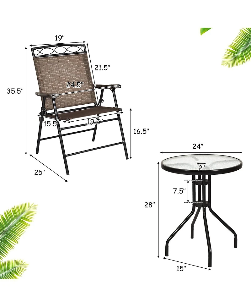 Gymax 3PCS Bistro Set Conversation Set Pub Patio Outdoor w/ Folding Chairs Table