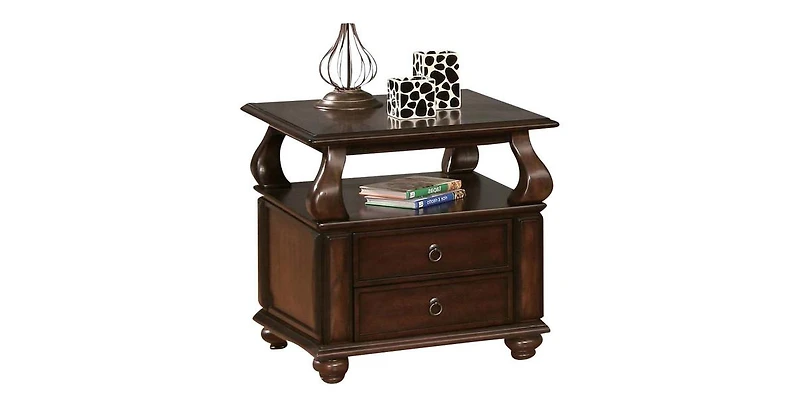 Sturdy Solid Wood Square End Table with Two Drawers and Open Shelf