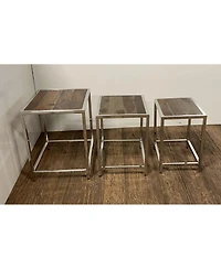 Set of Three 21" Silver And Brown Solid Wood Nested Tables