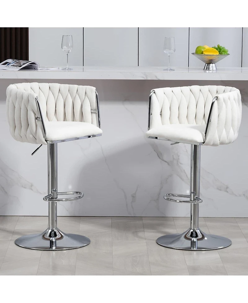 Set of 2 Adjustable Swivel Bar Stools with Woven Fabric Back, Footrest, Modern Counter Height Chairs for Kitchen or Bar-The Pop Home