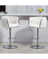 Set of 2 Adjustable Swivel Bar Stools with Woven Fabric Back, Footrest, Modern Counter Height Chairs for Kitchen or Bar-The Pop Home