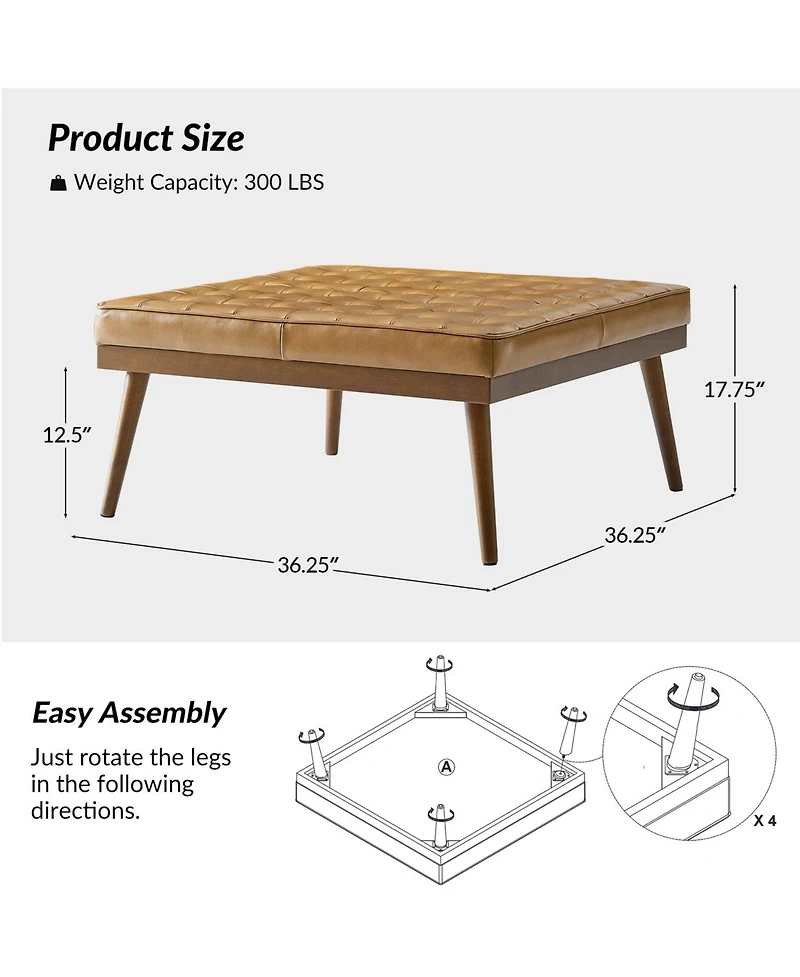 Aurora Modern Genuine Leather Ottoman With Solid Wood Legs