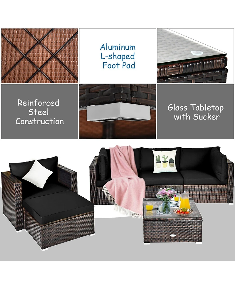 Gymax 6PCS Patio Conversation Set Rattan Sectional Furniture Set w/ Cushions