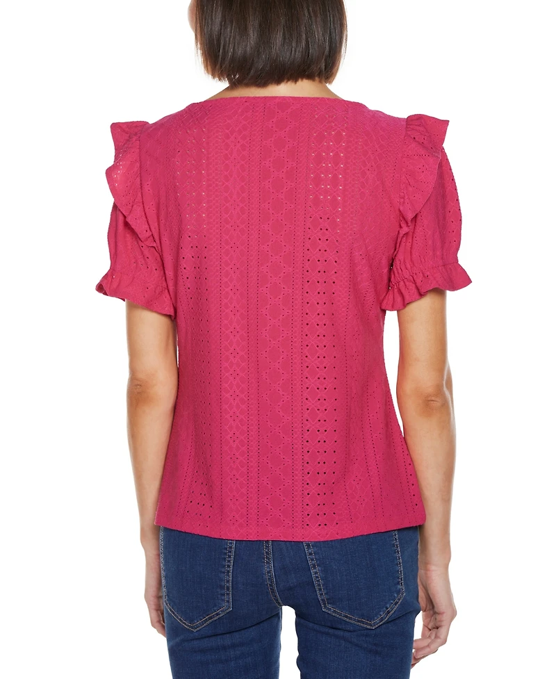 Belldini Women's Knit Eyelet Ruffle Sleeve Top