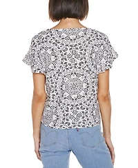 Belldini Women's Printed Eyelet Tie Front Knit Top