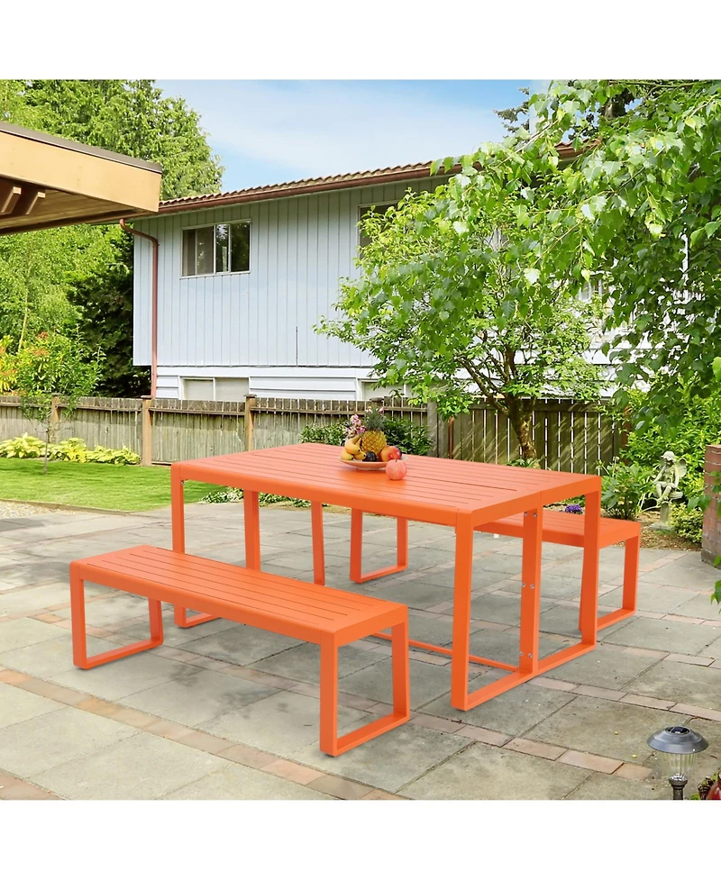 Aoodor 3-Piece Outdoor Patio Dining Set, Aluminum Furniture Set with 1 Rectangular Picnic Table and 2 Benches for Garden, Lawn, Yard