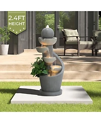 LuxenHome Gray Resin Spiral Sculpture with Bubbler 5-Tier Outdoor Fountain with Lights